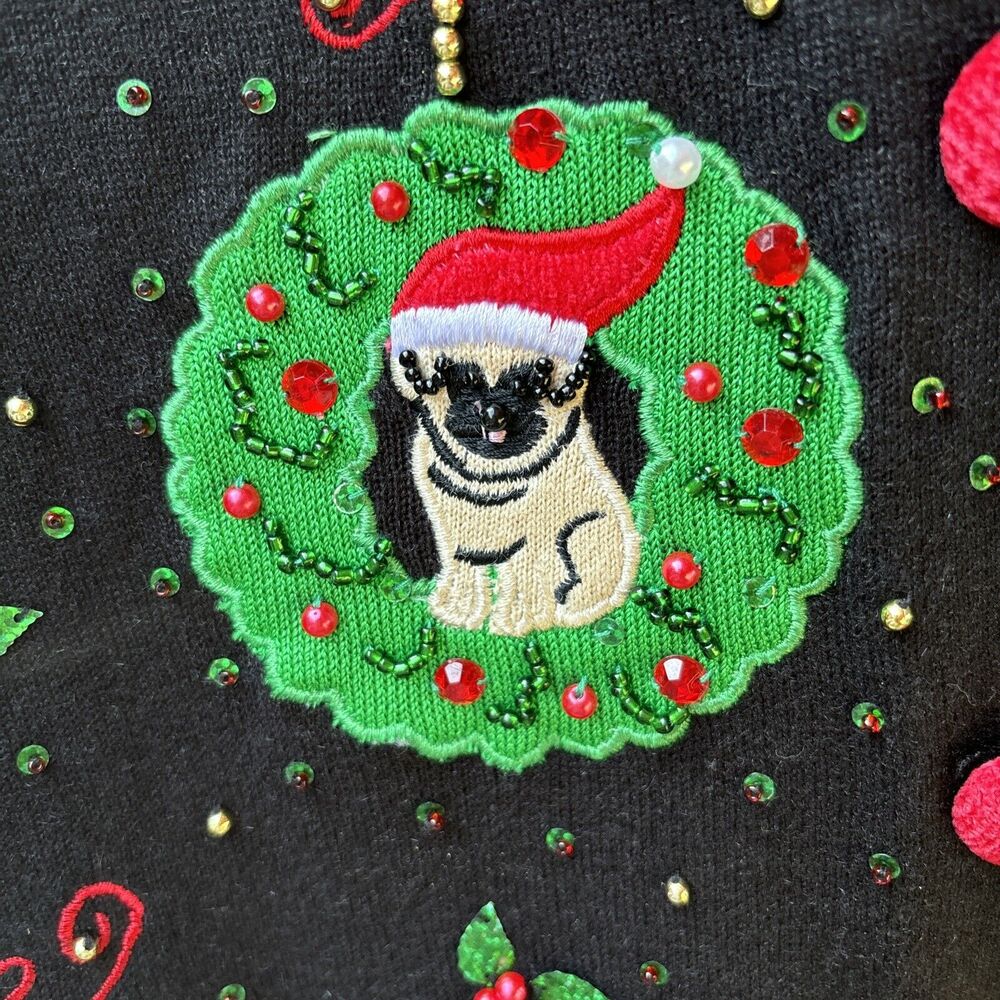 Vintage Jack B Quick Christmas Dog Cardigan Sweater Small Ramie Embroidered Bead - Picture 5 of 8